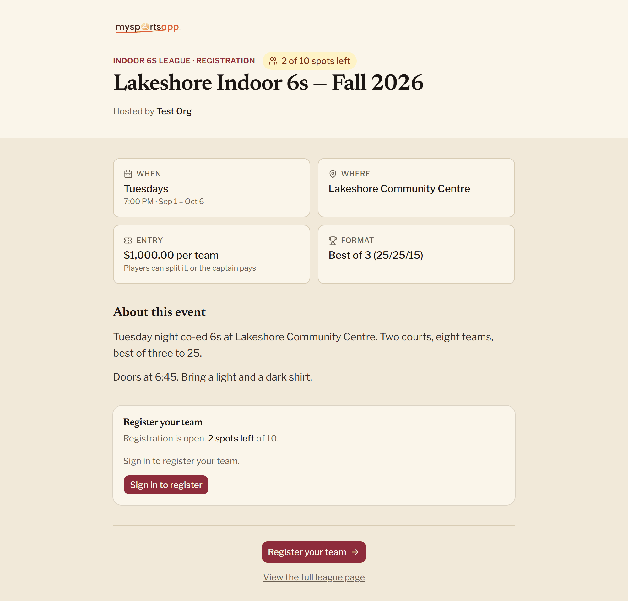 A registration page showing the night, venue, an entry price of $1,000 per team with a note that players can split it or the captain pays, and a badge reading 2 of 10 spots left.