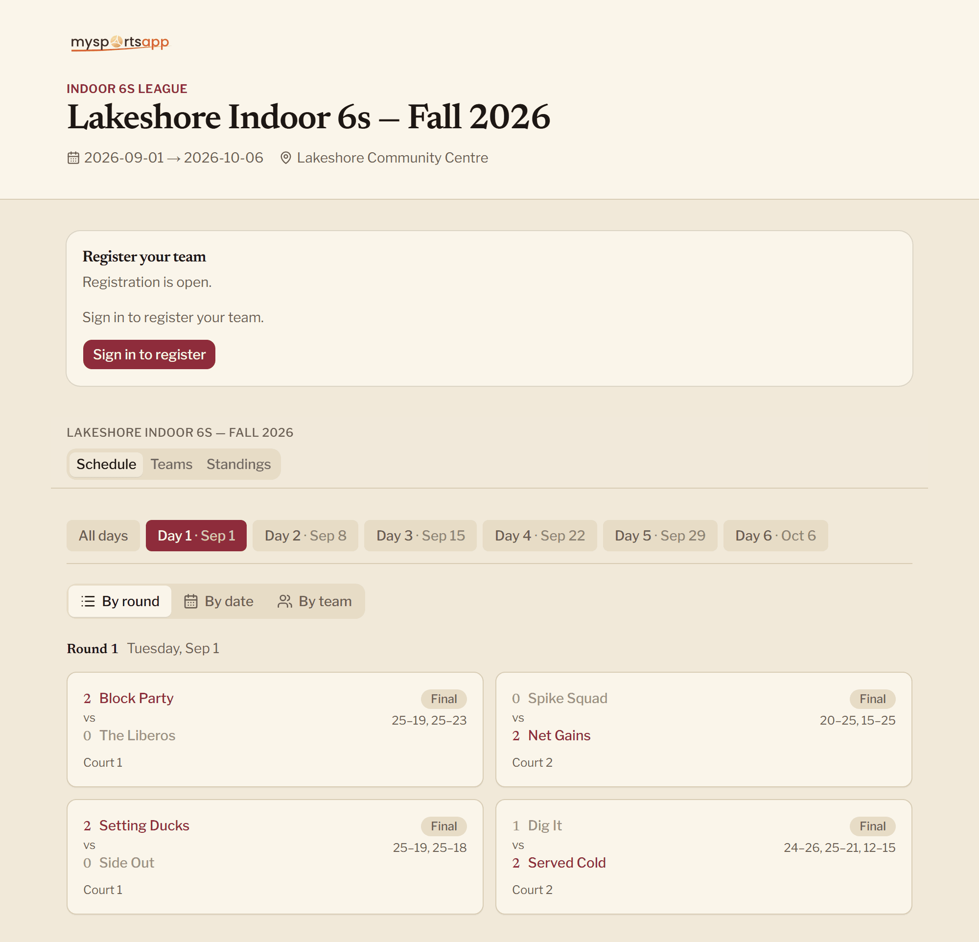 A league schedule page with six playing days as tabs and match cards showing each team's set score, the set-by-set points, and the court.